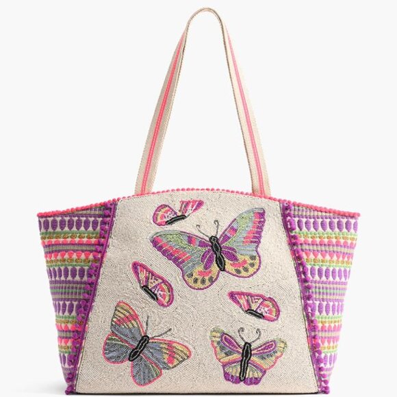 America & Beyond Rosebloom Butterfly Beaded Zip Tote Bag Handbag Pink Cream NEW - Picture 2 of 9